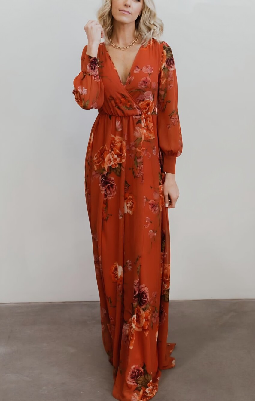 Baltic Born Lydia Rust Floral Maxi Dress XL | Chiffon | Fall Events